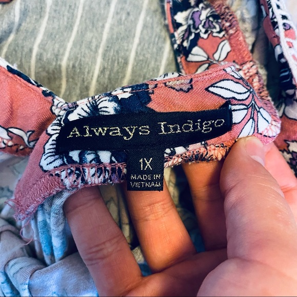 Always Indigo Floral Print Fan Style Quarter Sleeves Top - Picture 5 of 7